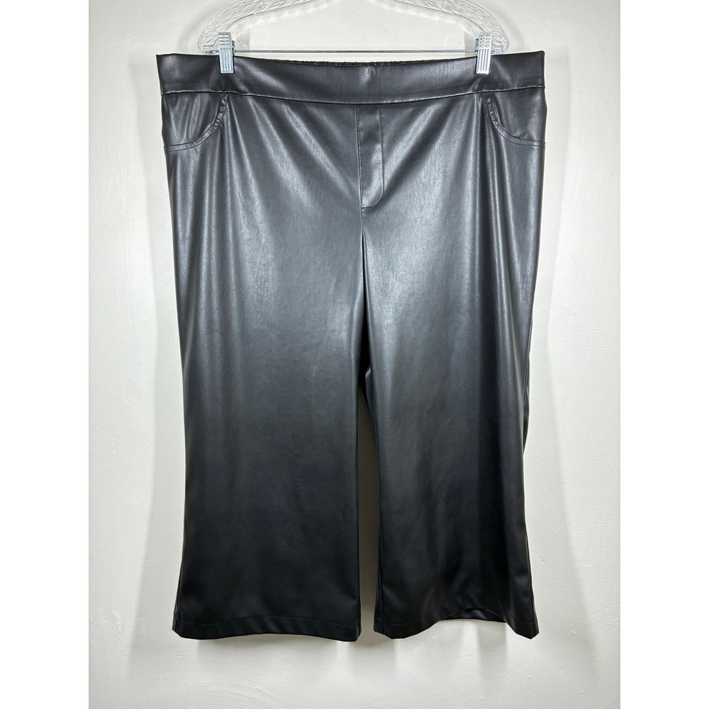 LOGO Lori Goldstein Black Faux Leather Wide Leg Crop Pants Trousers 22WP Stretch